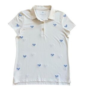 Renwick Polo Shirt Women's S White Blue Tennis‎ Racket Print Golf Athletic Top